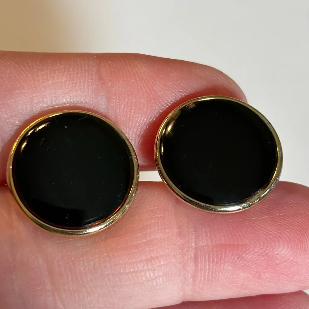 Vintage Mid Century Goldtone & Black Enamel Cufflinks 1970's Mens Suit Jewelry